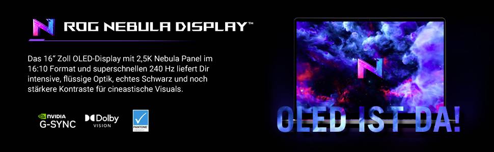 'ROG Nebula Display' auf einem Laptop-Bildschirm mit leuchtenden Farben. Text: 'OLED ist da!' Beschreibt hochauflösende OLED-Technologie.