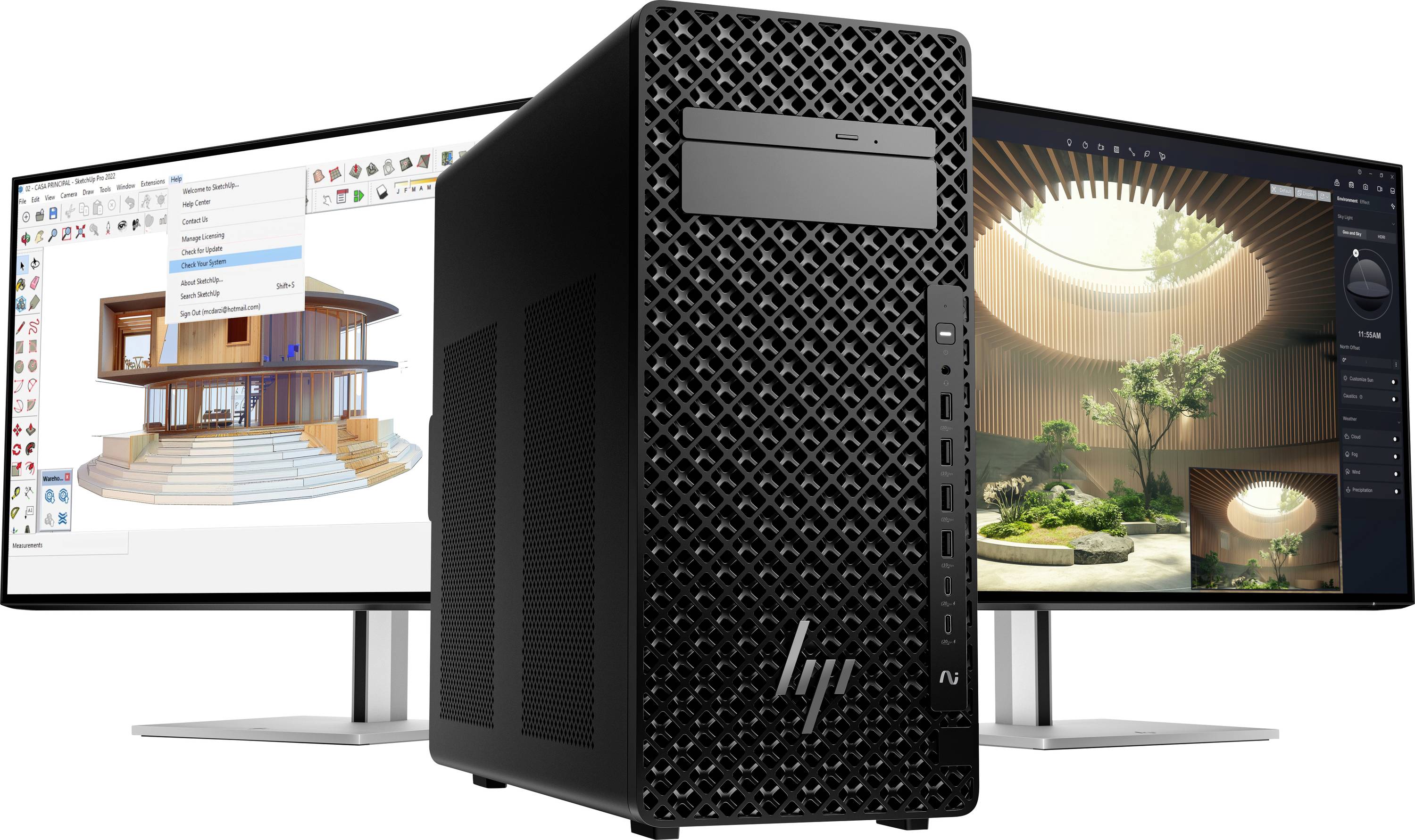 Eine leistungsstarke Desktop-Workstation ist von zwei Monitoren flankiert, die 3D-architektonische Entwürfe zeigen und digitale Kreativität hervorheben.