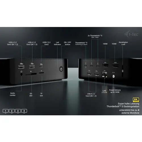I-tec USB4® / Thunderbolt™ 4 Dockingstation Thunderbolt5 Quattro Display Docking Station + Power Delivery 140W I-tec USB4® / Thunderbolt™ 4 Dockingstation Thunderbolt5 Quattro Display Docking Station + Power Delivery 140W