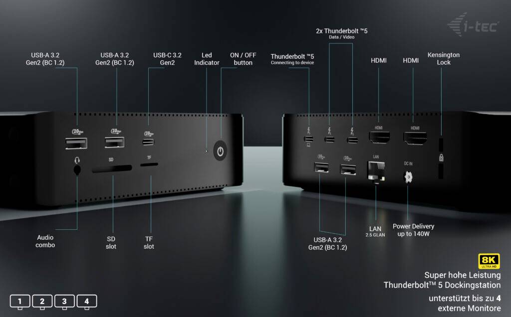 i-tec USB4® / Thunderbolt™ 4 Dockingstation Thunderbolt5 Quattro Display Docking Station + Power Delivery 140W