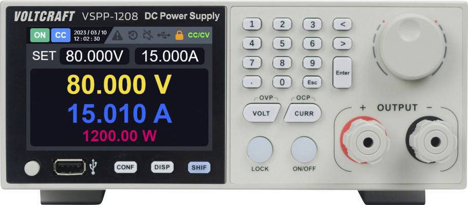 Voltcraft VSPP-1208 Gleichstromnetzteil, das Einstellungen zeigt: 80,00 V, 15,00 A, 1200,0 W auf dem Display, mit Bedienfeld und Ausgangsbuchsen.