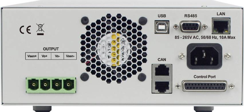 Das Bild zeigt die Rückseite eines elektronischen Geräts mit verschiedenen Anschlüssen, darunter USB, RS485, LAN, CAN und einen AC-Stromeingang.