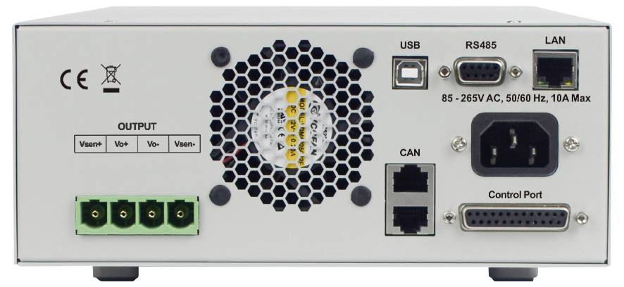 Rückansicht eines Leistungsumwandlers mit Ausgangsanschlüssen, USB-, RS485-, LAN-Ports und AC-Eingangsspezifikationen von 85–265V AC, 50/60 Hz, max. 10A.