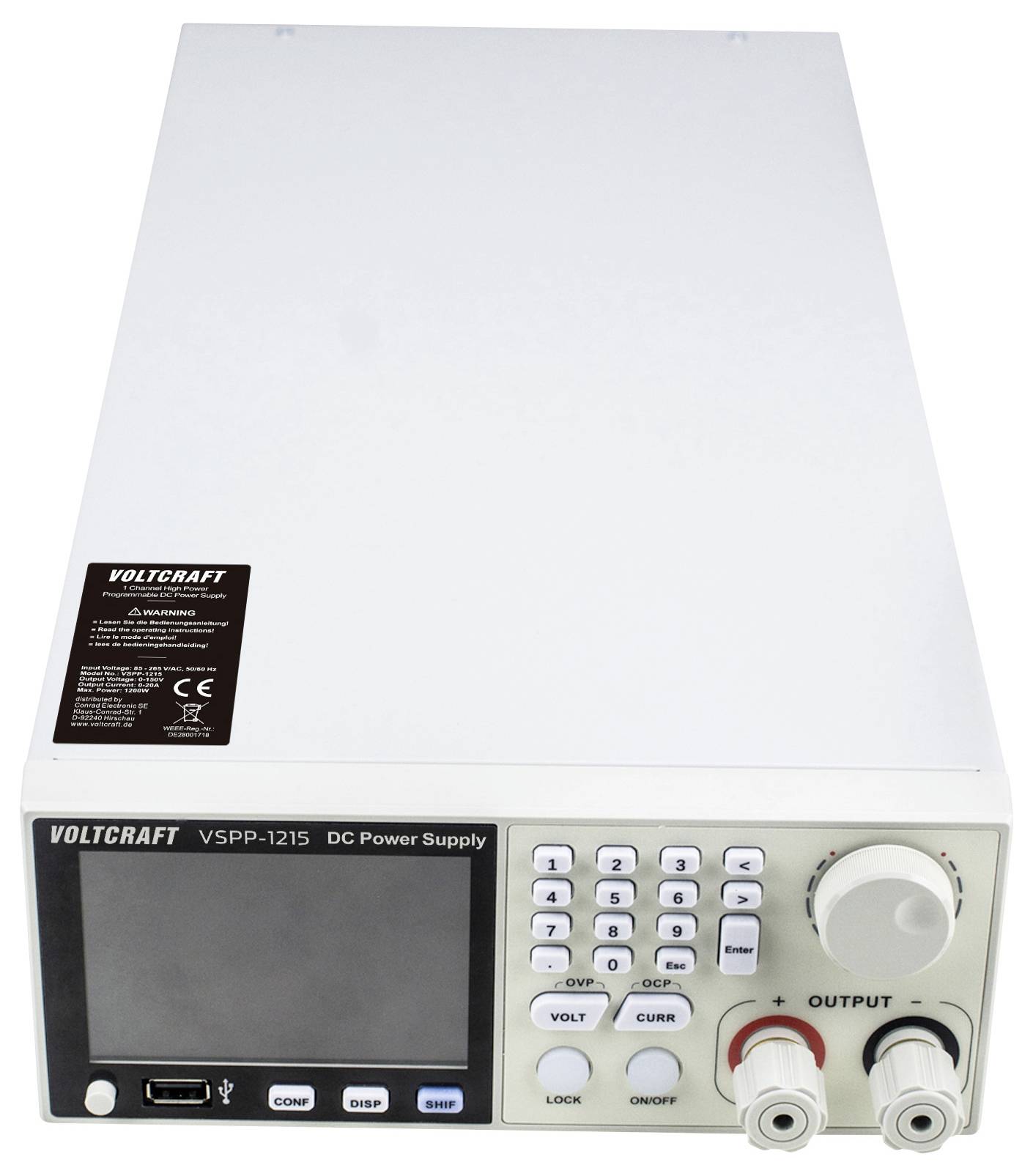 Frontansicht eines Voltcraft VSPP-1215 Gleichstromnetzteil mit Tastatur zur Eingabe von Spannung und Stromstärke, Displaybildschirm und Ausgangsklemmen.