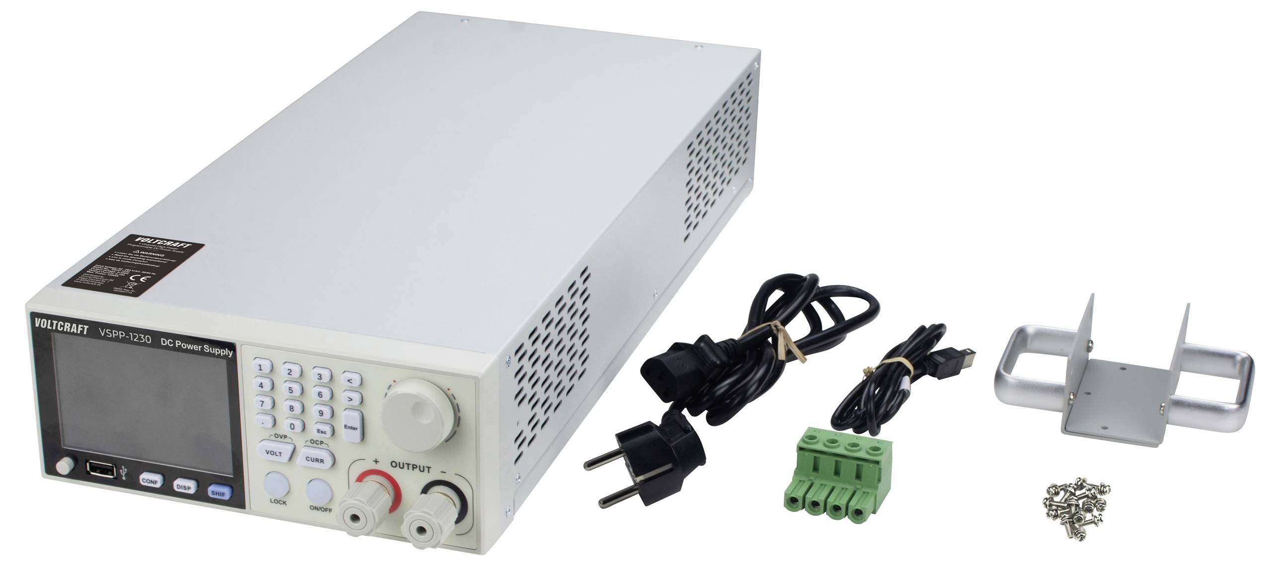 Labornetzteil mit Display und Bedienknöpfen, verschiedenen Stromkabeln, einem grünen Anschlussblock, einer Metallhalterung und Schrauben.