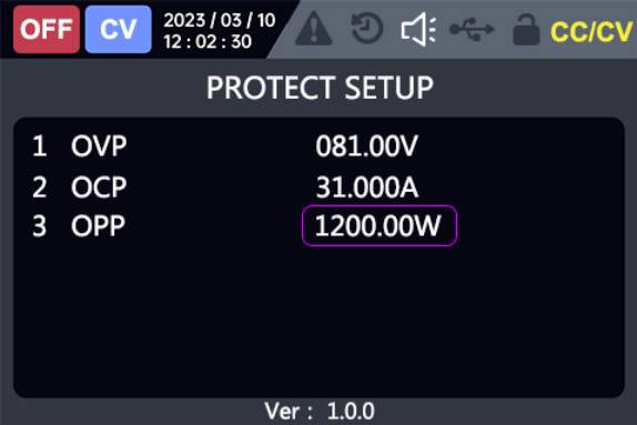 'PROTECT SETUP' Bildschirm zeigt: 1. OVP 081,00V, 2. OCP 31,000A, 3. OPP 1200,00W. Datum und Uhrzeit links oben angezeigt.
