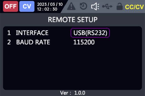 Ferneinrichtungsbildschirm zeigt: 1. Schnittstelle auf 'USB(RS232)' eingestellt, 2. Baudrate auf 115200. Version 1.0.0, Datum 2023/03/10.