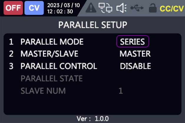 'PARALLELE EINRICHTUNG' Bildschirm zeigt: Paralleler Modus auf 'SERIE', Master/Slave auf 'MASTER', Parallelsteuerung auf 'DEAKTIVIERT'. Version 1.0.0.