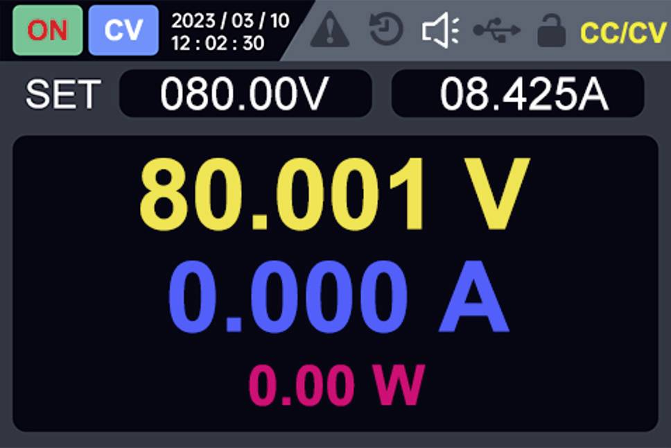 Anzeigebildschirm mit Spannung '80,001 V', Strom '0,000 A' und Leistung '0,00 W' mit Beschriftungen SET, CV-Modus und Zeitstempel '2023/03/10 12:02:30'.