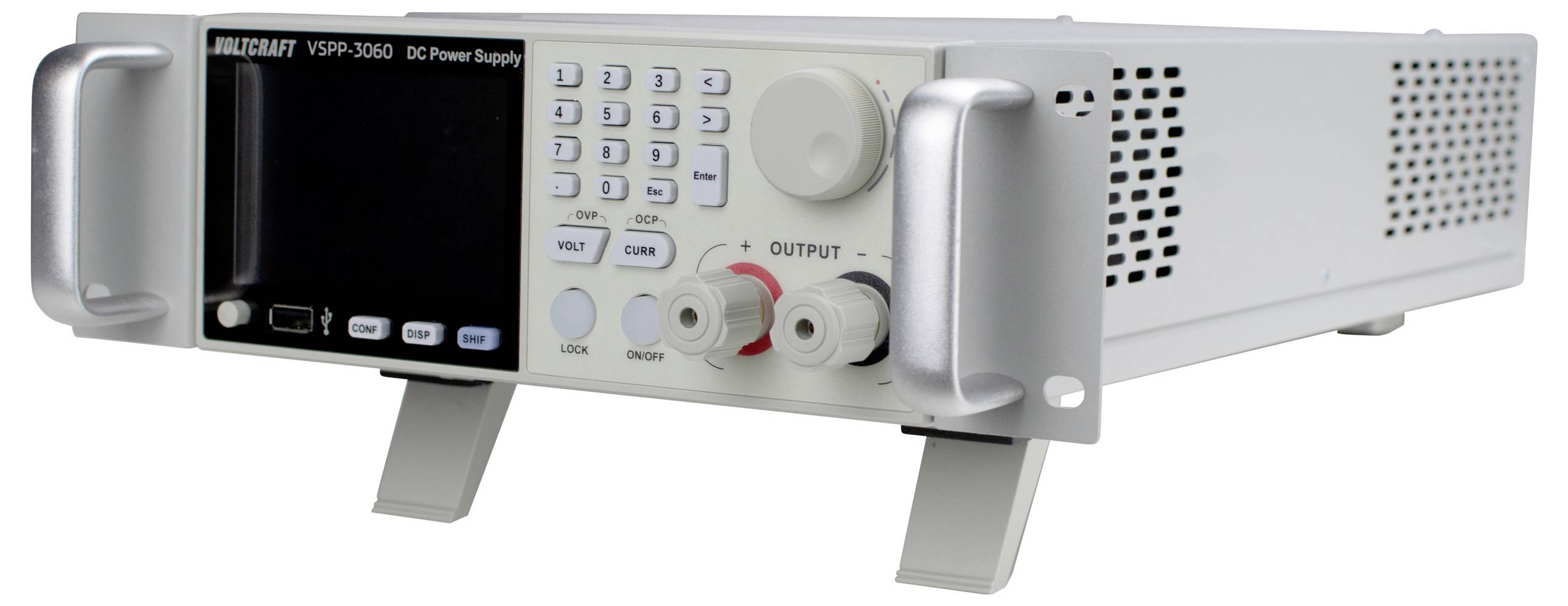 Ein DC-Netzteil mit digitalem Display, numerischer Tastatur und Bedienungstasten, verwendet zur Einstellung von Spannungs- und Stromausgaben in Testumgebungen.