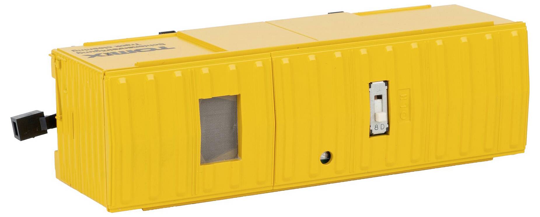 Ein gelber Tonka-Behälter mit einem Griff auf einer Seite, ausgestattet mit zwei Fächern mit kleinen Fenstern und einem Verschlussmechanismus an der Vorderseite.