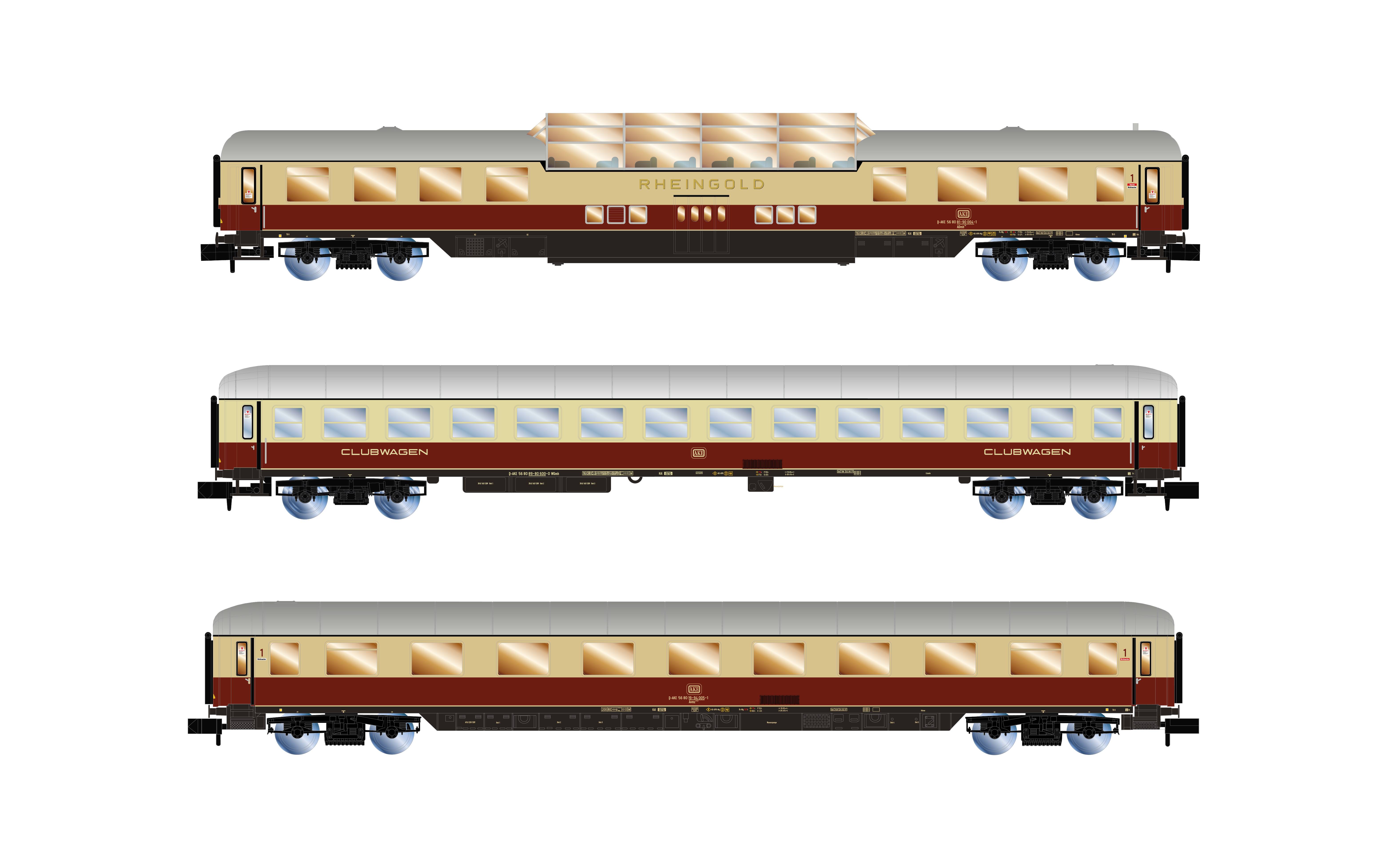 Drei Modelleisenbahnwaggons: 'Rheingold'-Logo auf dem oberen Waggon, mittlerer und unterer mit 'Clubwagen'-Beschriftung, braun-cremfarbene Lackierung.