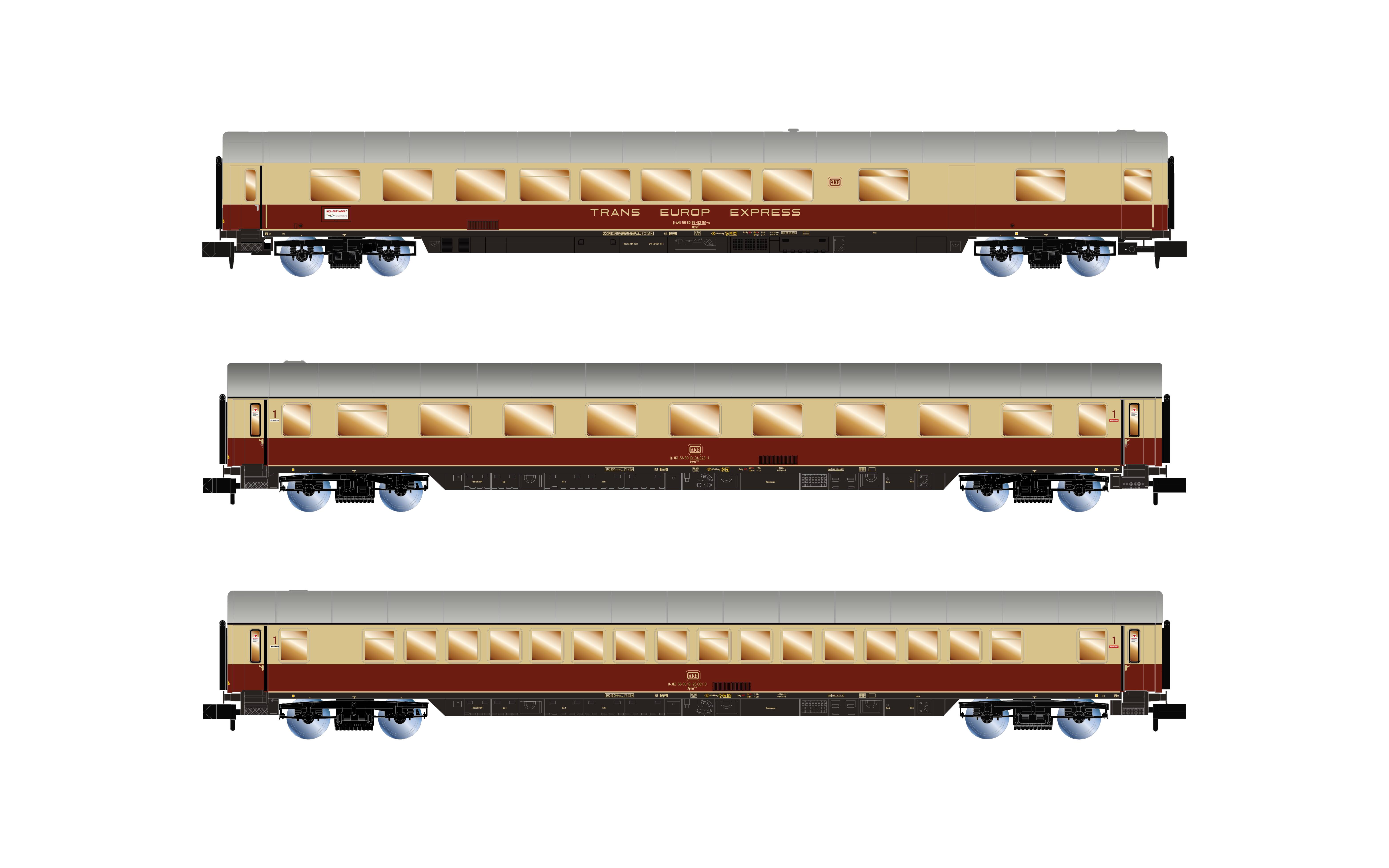 Arnold HN4508 N 3er-Set Personenwagen Rheingold der AKE 1 x Speisewagen ARmh217 + 1 x 1. Klasse Wag