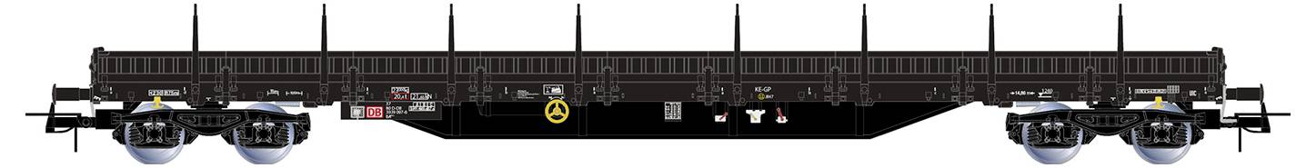 Güterwaggon mit flachem, langen Aufbau und acht Rädern, geeignet für den Transport von schweren oder sperrigen Gütern.