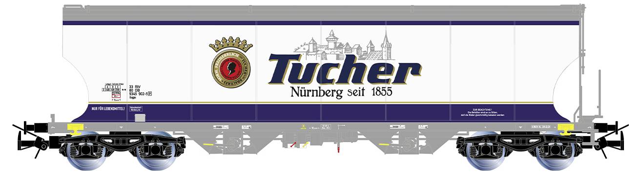 Bierwaggon mit Tucher-Logo und 'Nürnberg seit 1855' Aufschrift, zeigt Stadtsilhouette. Logofarben: blau, gold und rot.