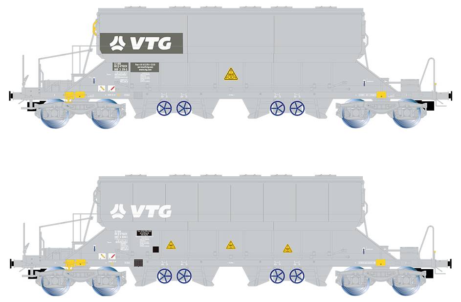 Grau lackierter Güterwagon von VTG mit Sicherheitskennzeichnungen und Warnzeichen. Enthält sechs Räder und ist seitlich abgebildet.