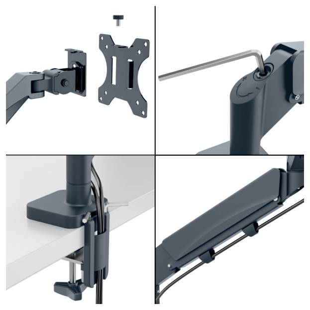 Bildmontage mit Monitorarm-Montage, Werkzeugbenutzung und Kabelführung. Zeigt Zubehörteile und Anwendungsbeispiele für Installation.