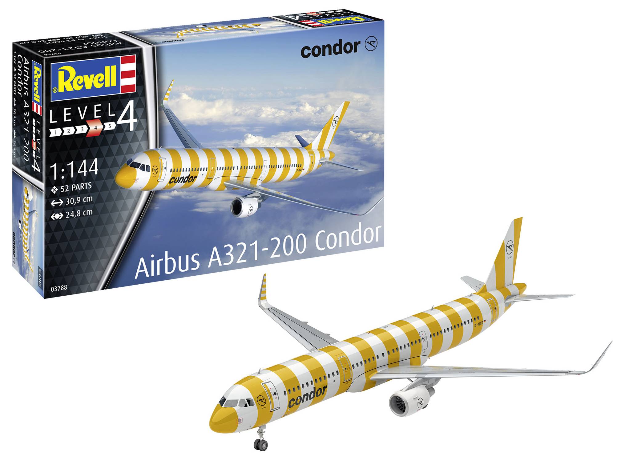 Modellbausatz eines Airbus A321-200 im Condor-Design mit gelben Streifen. Inklusive Verpackung mit Bild des fertigen Modells. Maßstab 1:144.
