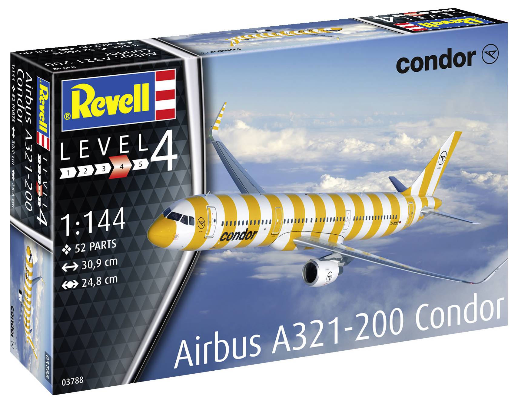 Verpackung eines Modellbausatzes 'Airbus A321-200 Condor' von Revell, Maßstab 1:144, enthält 52 Teile, Maße: 30,9 cm x 24,8 cm.