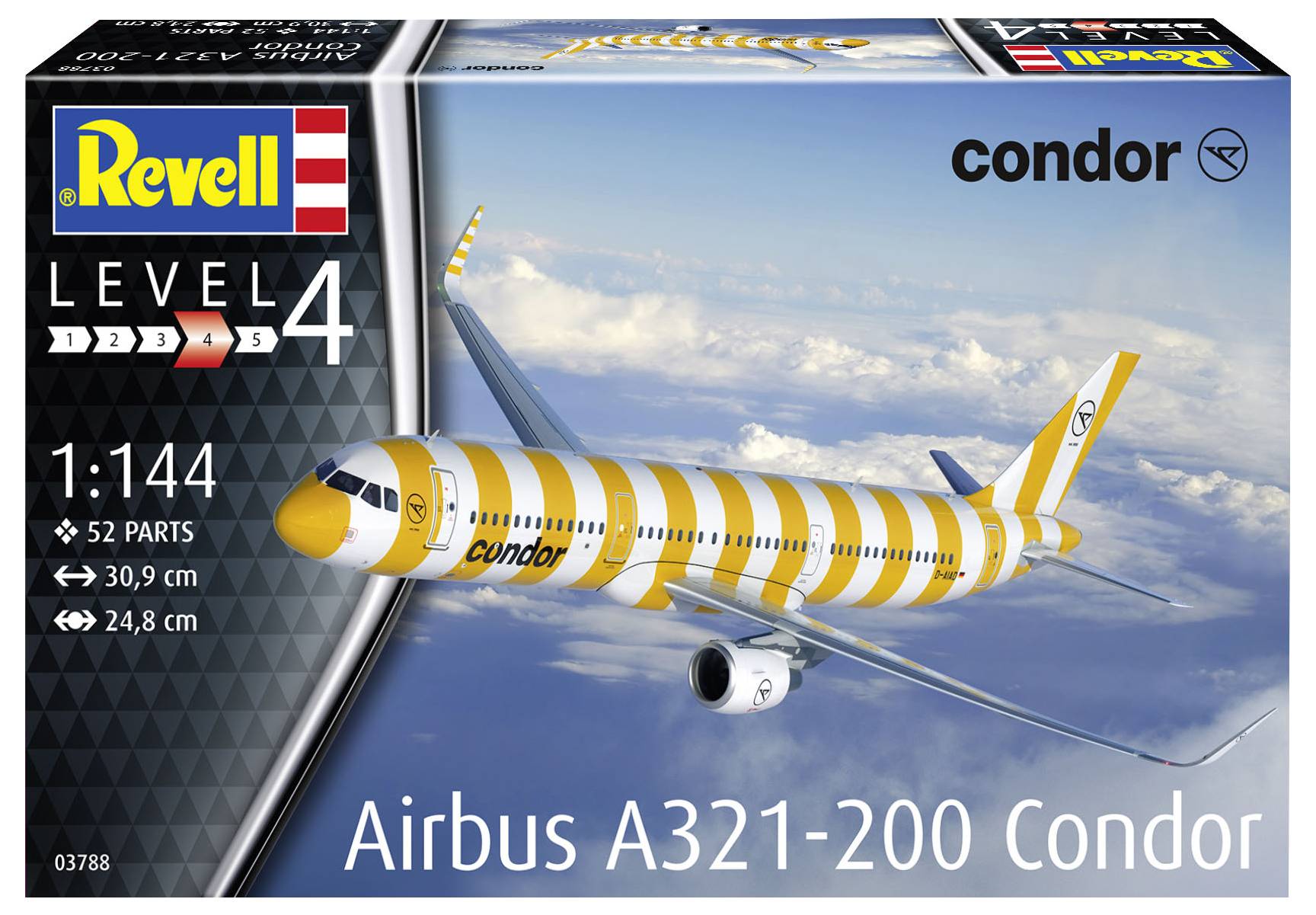 Modellbausatz von Revell, Level 4, eines Airbus A321-200 Condor mit gelb-weißen Streifen, Maßstab 1:144, 52 Teile.