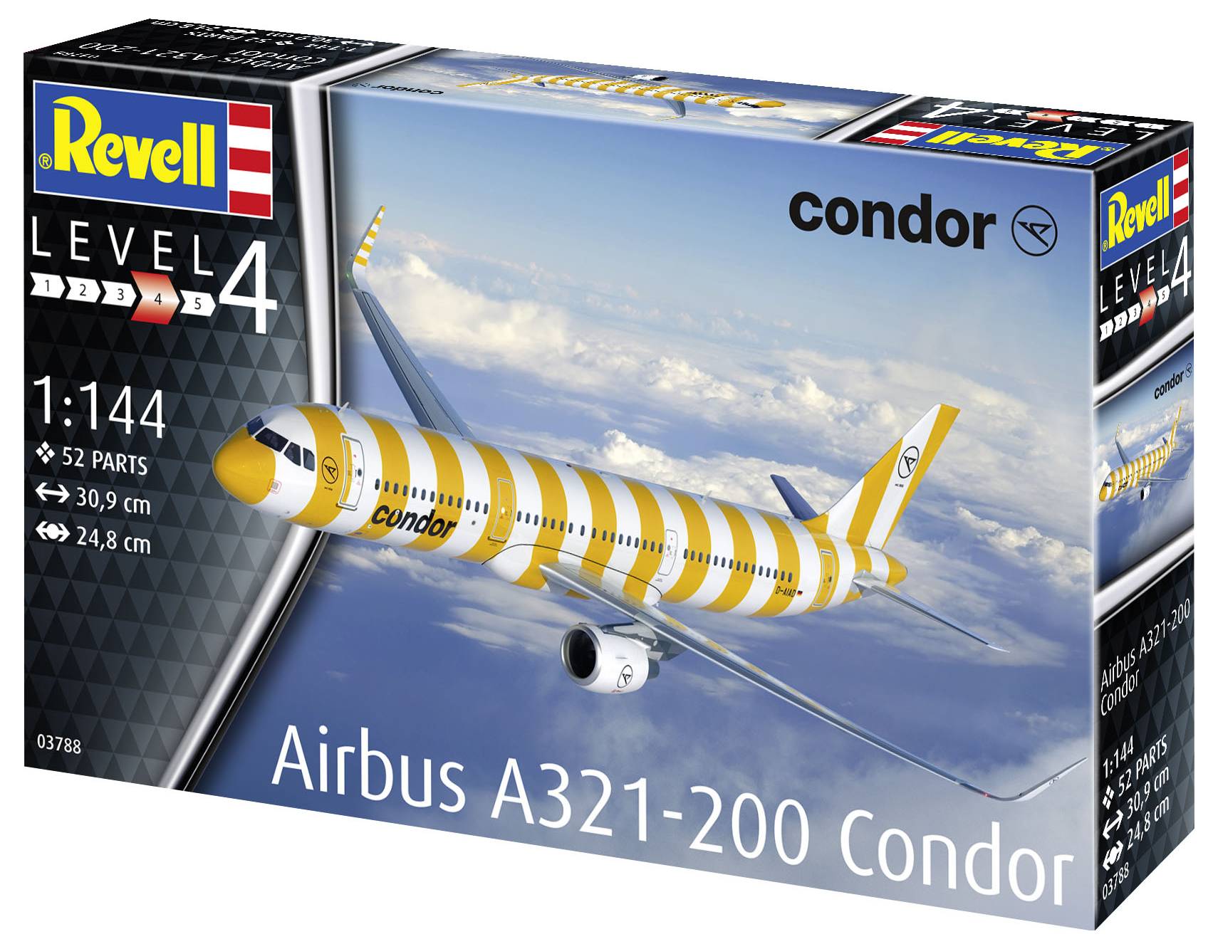 Bausatzverpackung von Revell zeigt ein gelbes Airbus A321-200 Modell mit Condor-Logo über den Wolken. Maßstab 1:144, 52 Teile.