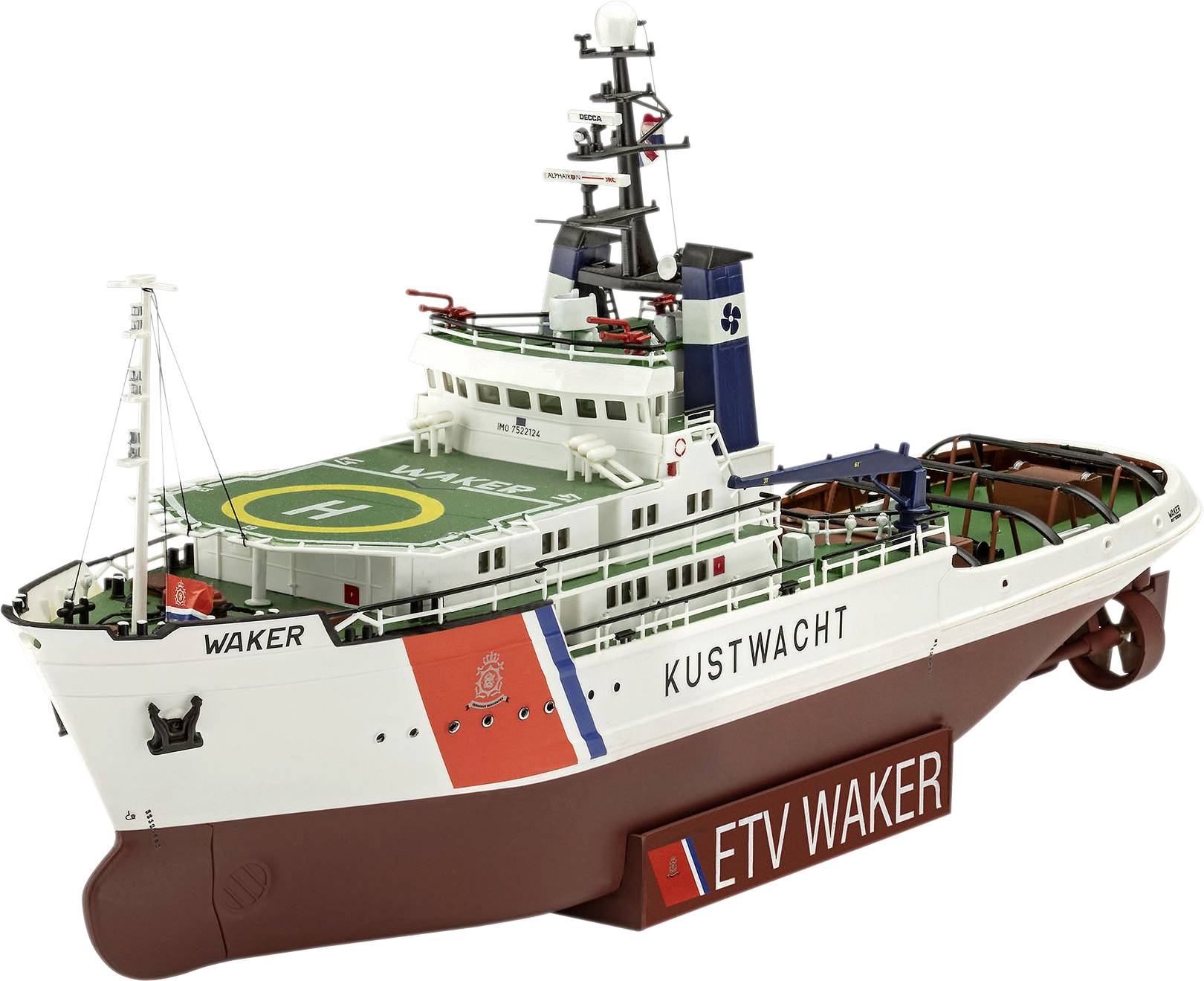 Modell eines Küstenwacht-Schiffs mit Hubschrauberlandeplatz, ausgewiesenen Rettungswegen und dem Schriftzug 'WAKER' auf dem Rumpf.