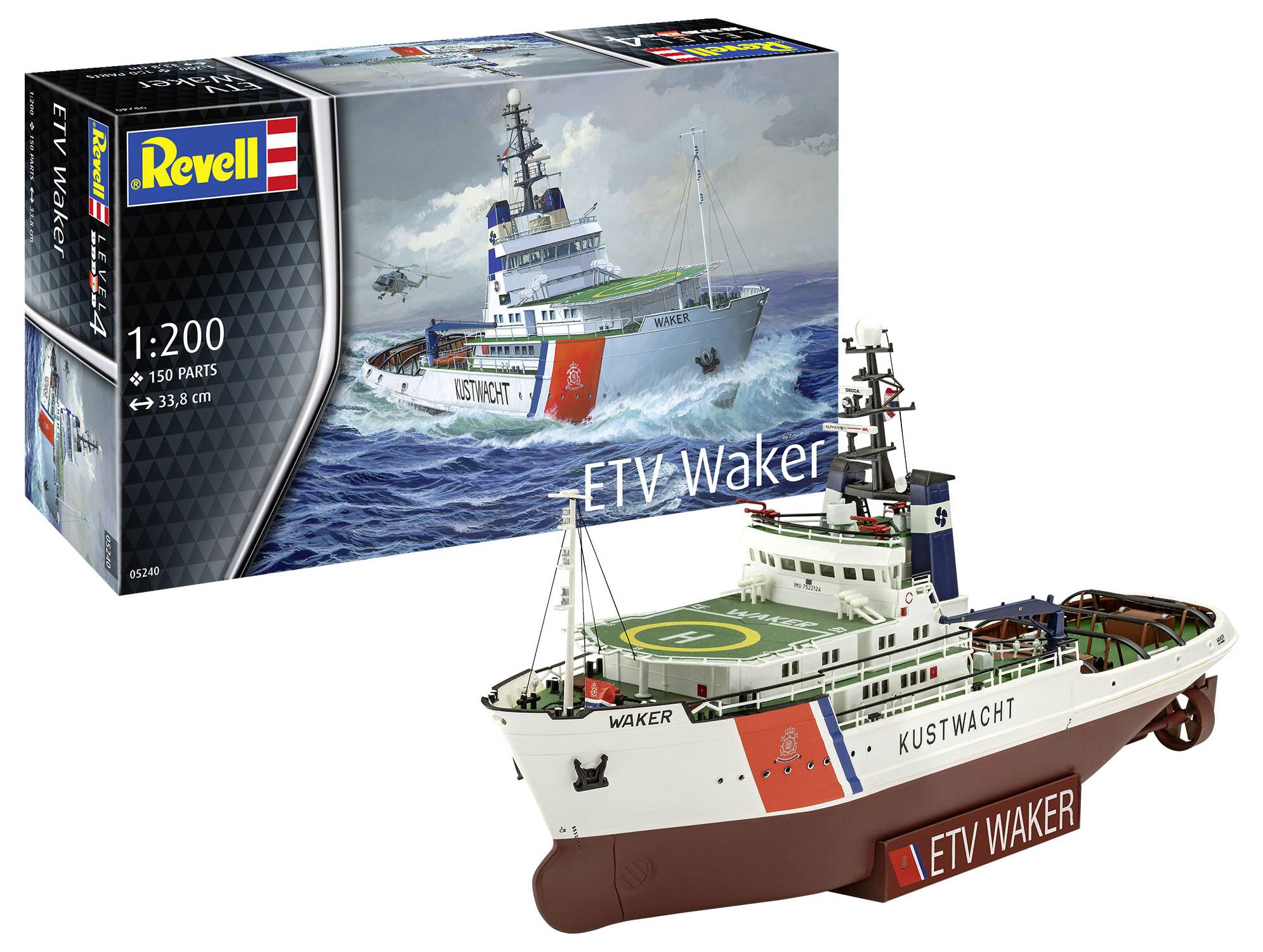 Ein Modell des Schiffes 'ETV Waker' der Küstenwache wird neben seiner Verpackung gezeigt; Maßstab 1:200, besteht aus 150 Teilen.