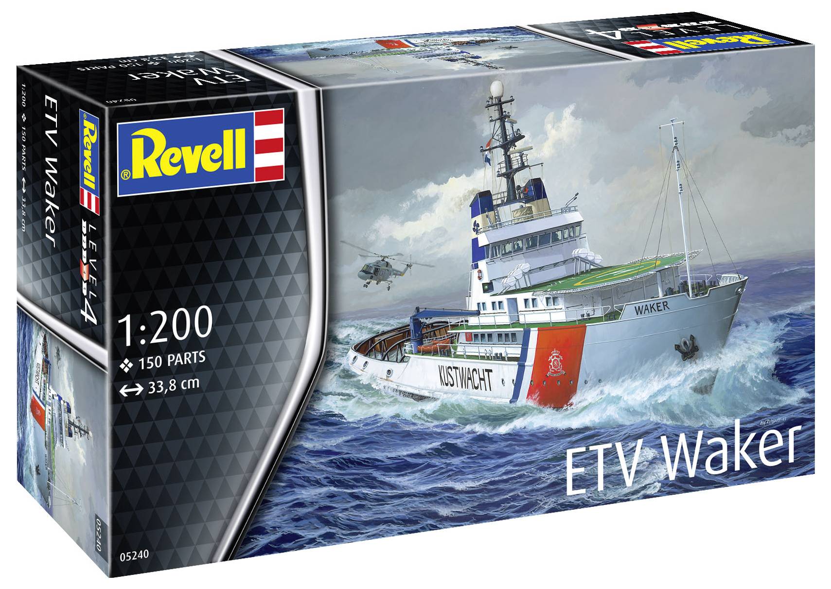 Revell Modellbausatz ETV Waker: Maßstab 1:200, 150 Teile, Box zeigt Seenotrettungsschiff auf stürmischer See mit Hubschrauber.