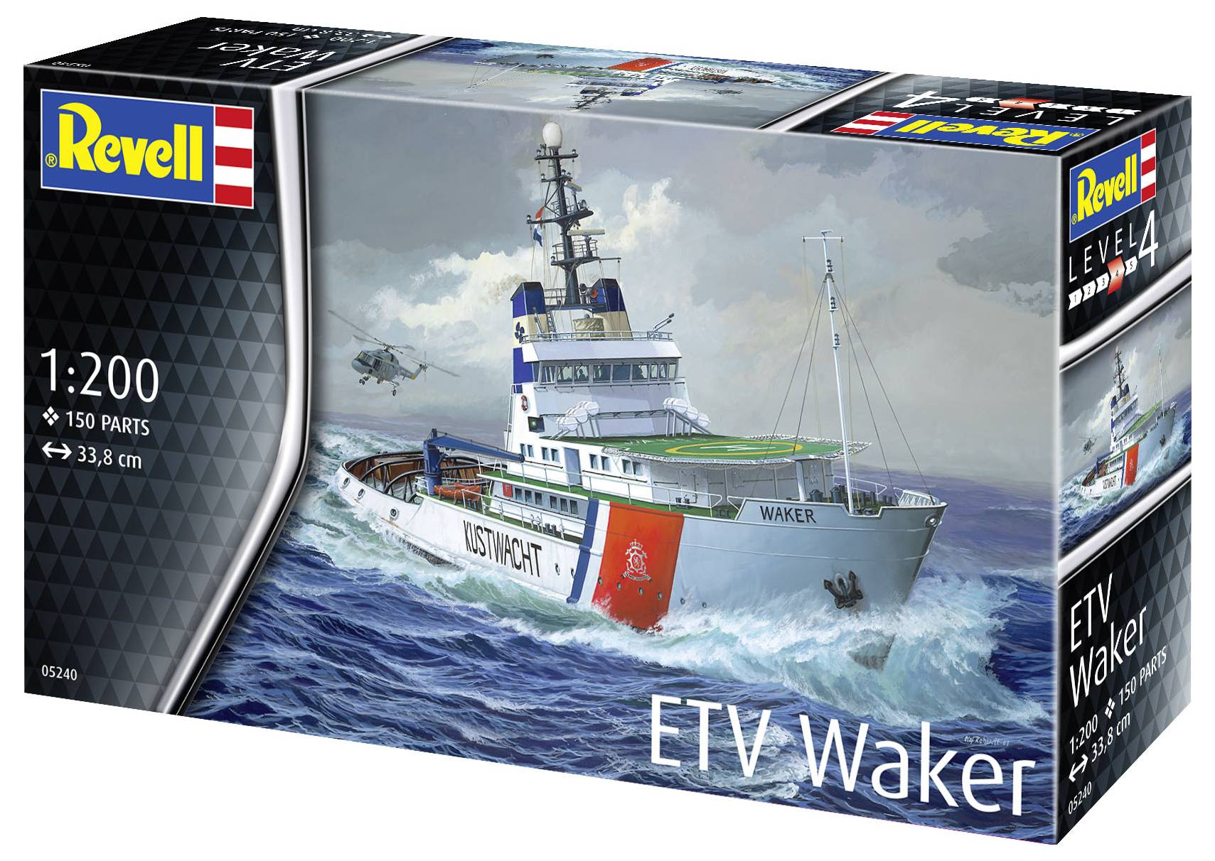 Revell-Modellbausatz der Küstenwache 'ETV Waker' im Maßstab 1:200. Schachtel zeigt das Schiff in stürmischer See mit einem Hubschrauber.