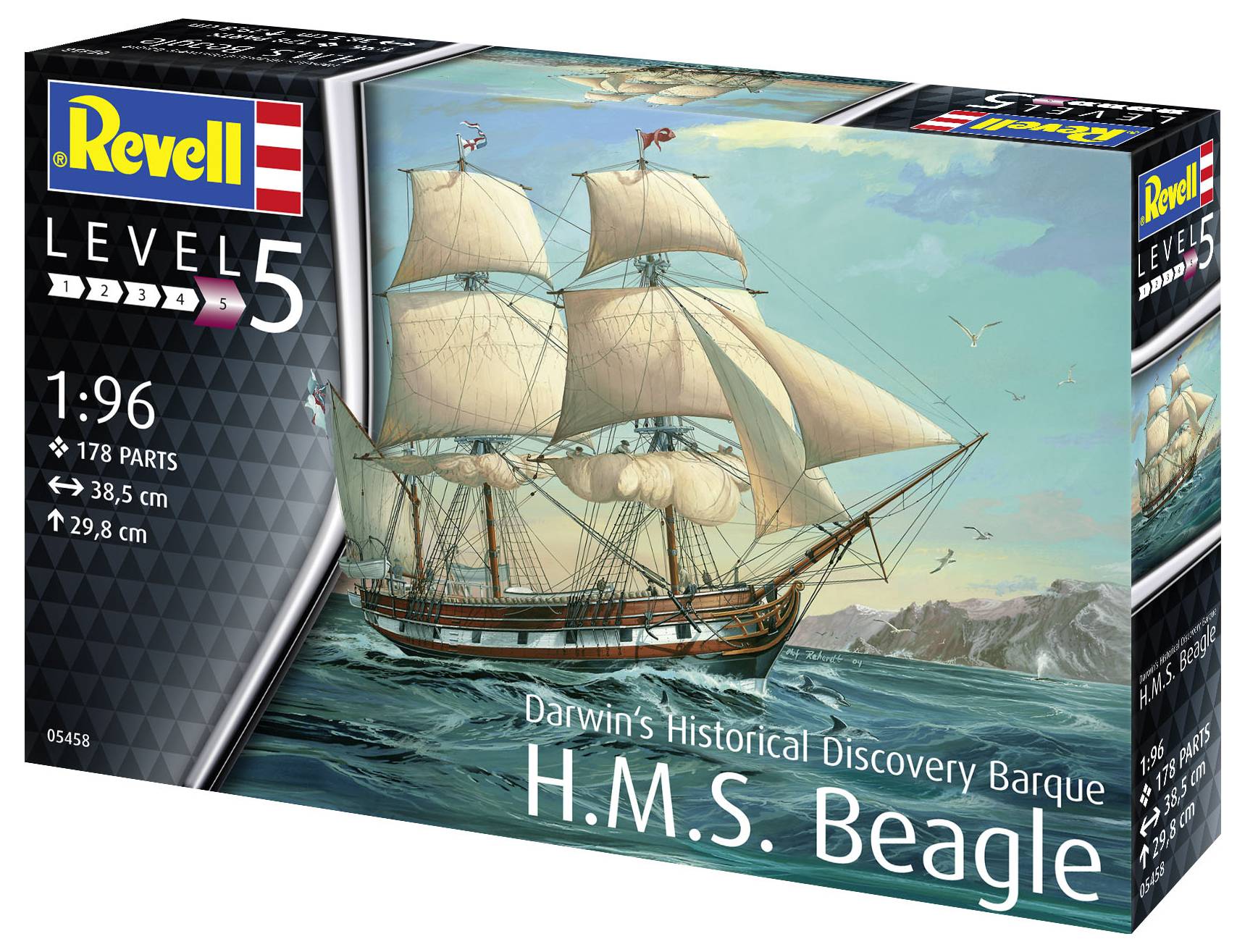 Schiffsmodellbausatz der 'H.M.S. Beagle' von Revell, Level 5, Maßstab 1:96. Abbildung zeigt Segelschiff auf offener See.
