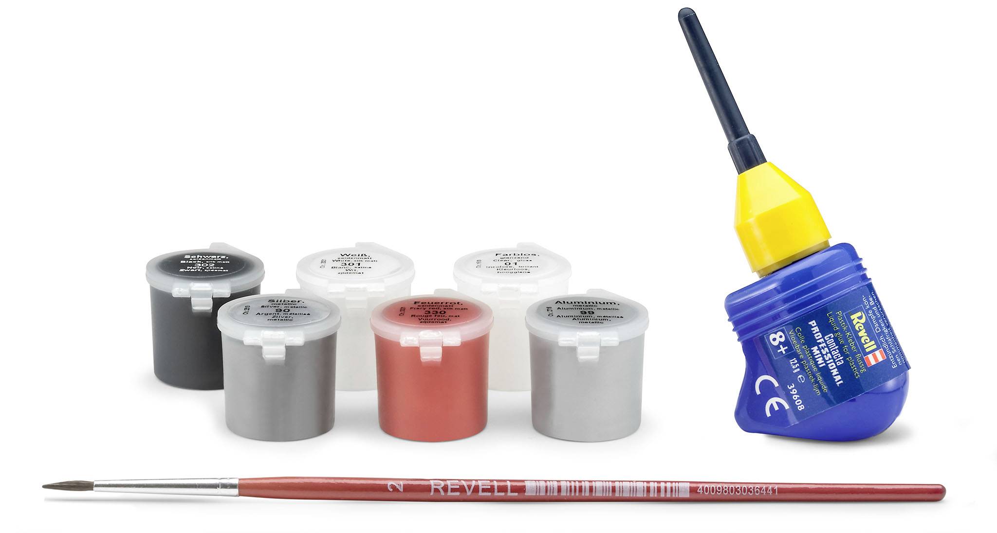 'Revell Starter-Set': Sechs Farbtöpfe, ein Kleberfläschchen und ein Pinsel, geeignet für den Modellbau.