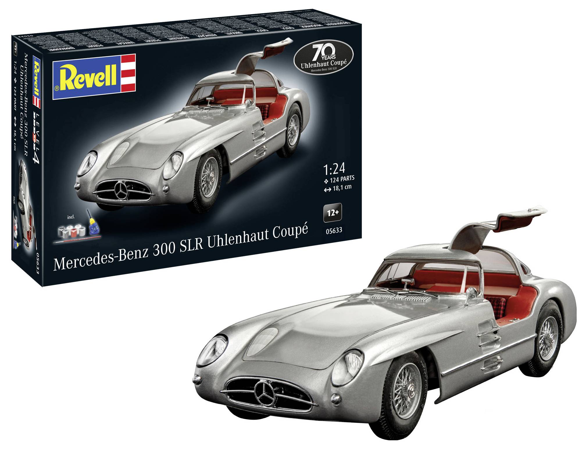 Modellbausatz des Mercedes-Benz 300 SLR Uhlenhaut Coupé von Revell, Maßstab 1:24, silber mit Flügeltüren, geeignet ab 12 Jahren.