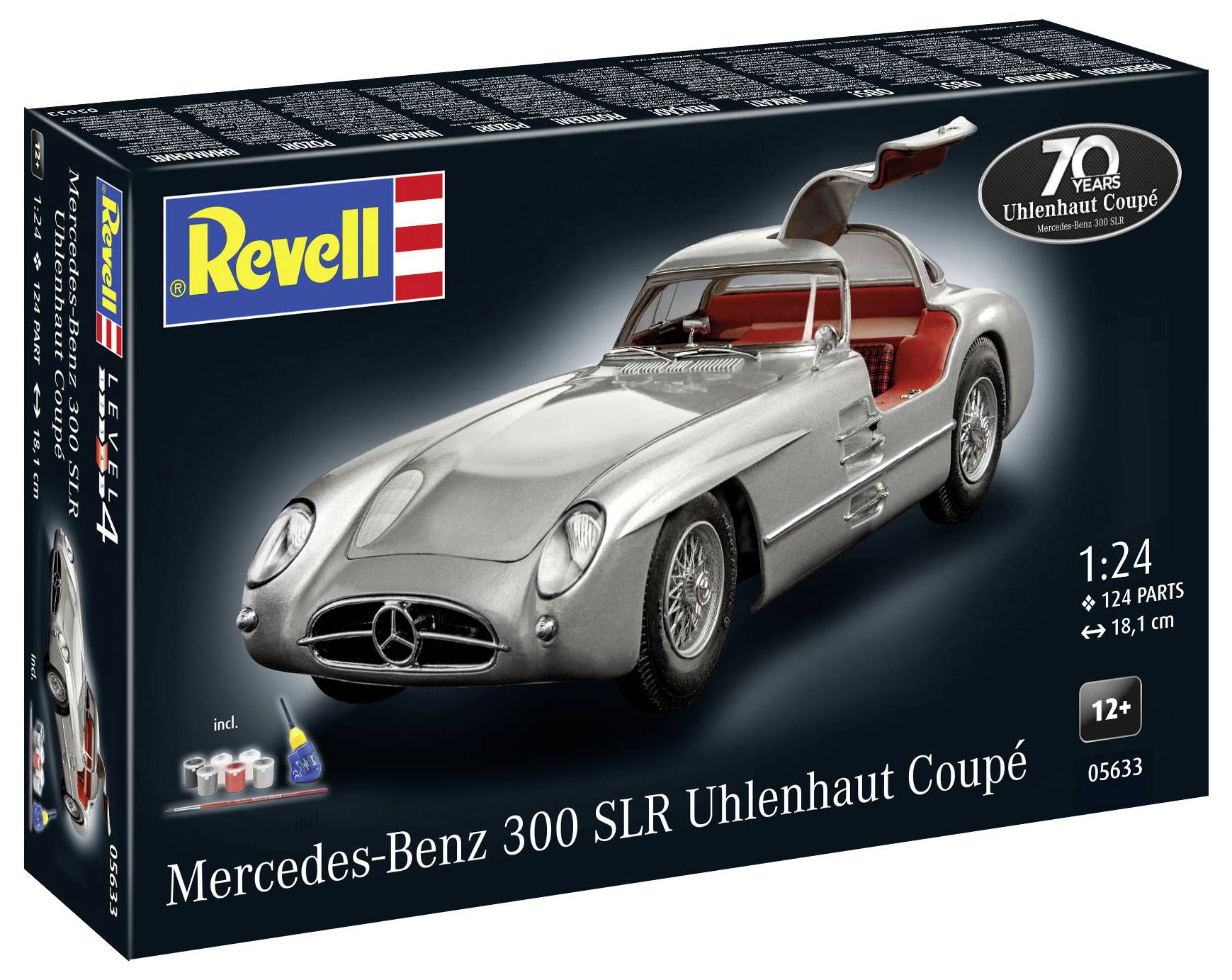Bausatz eines Mercedes-Benz 300 SLR Uhlenhaut Coupé im Maßstab 1:24 von Revell. Enthält 124 Teile, geeignet ab 12 Jahren.