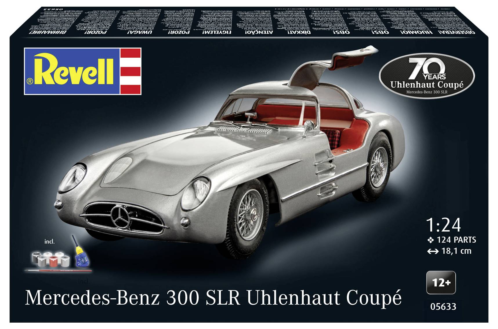 Schachtel eines Modellbausatzes 'Revell' für einen Mercedes-Benz 300 SLR Uhlenhaut Coupé, Maßstab 1:24, mit 124 Teilen.
