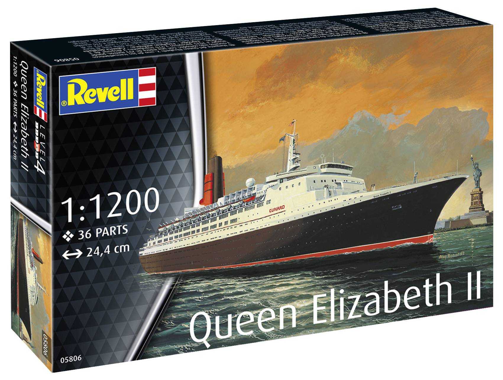 Modellbausatz-Verpackung der 'Queen Elizabeth II' von Revell, Maßstab 1:1200, enthält 36 Teile, fertige Länge 24,4 cm.