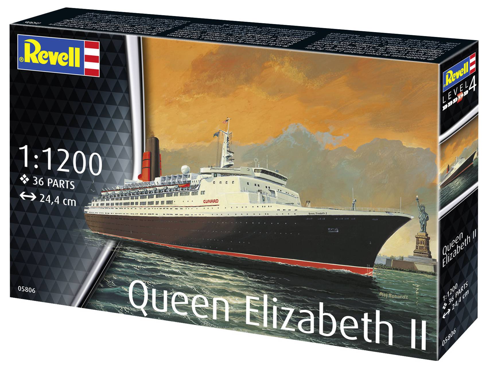 Modellbausatzverpackung der 'Queen Elizabeth II' von Revell, Maßstab 1:1200, 36 Teile, fertige Länge 24,4 cm, Bild zeigt das Schiff vor der Freiheitsstatue.