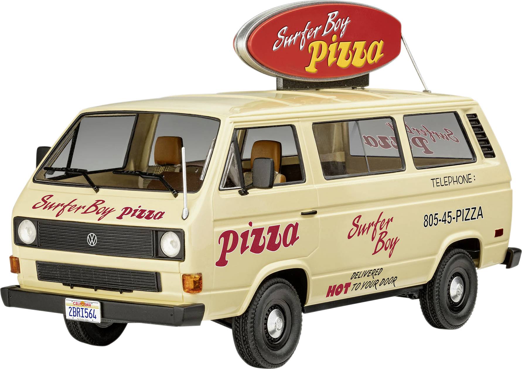 Ein gelber Lieferwagen mit der Aufschrift 'Surfer Boy Pizza' und einer Telefonnummer. Oben ist ein Schild mit dem gleichen Logo.