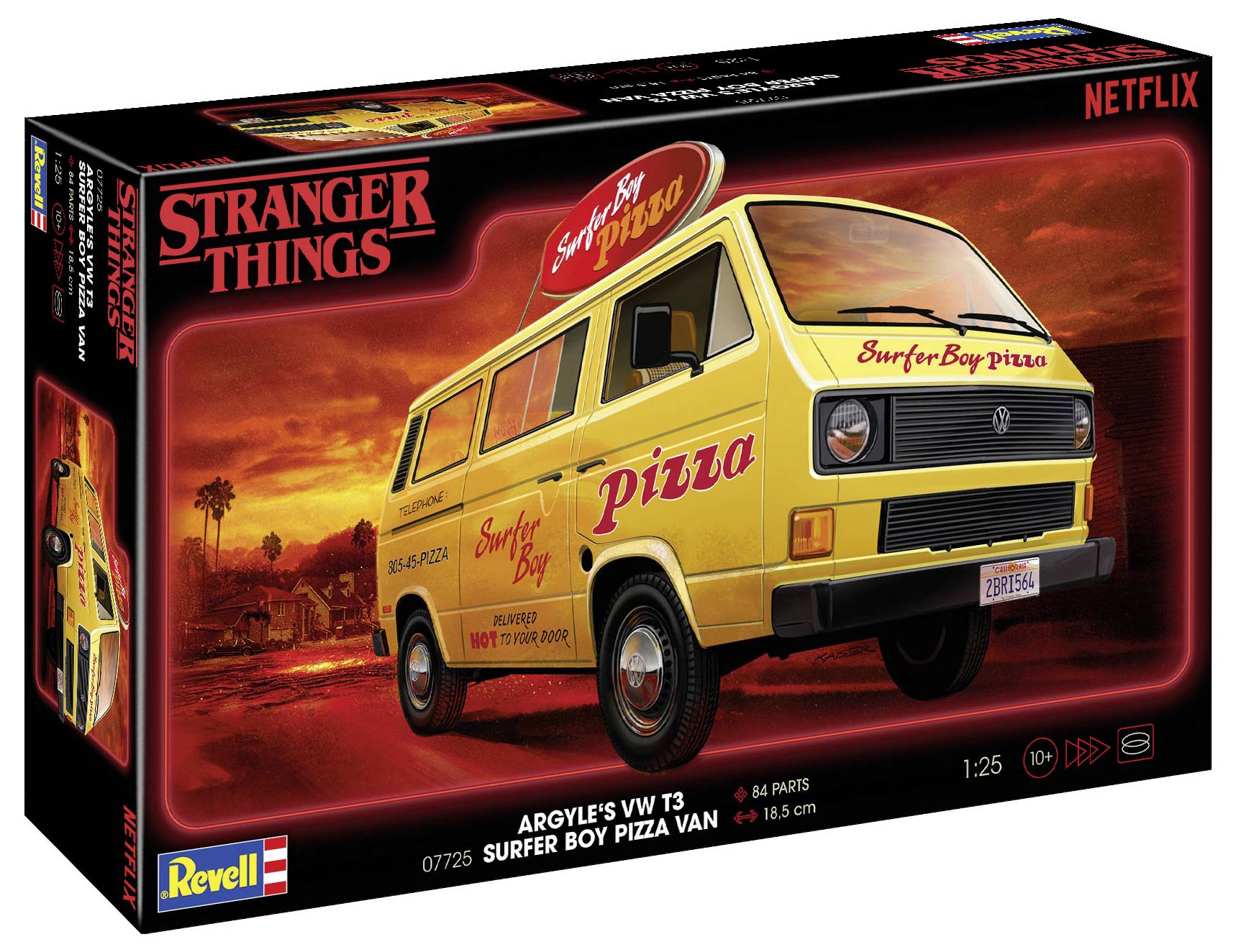 'Stranger Things' Revell Bausatz: 'Surfer Boy Pizza' Van im 1:25 Maßstab. VW T3 Modell im Retrodesign, 84 Teile.