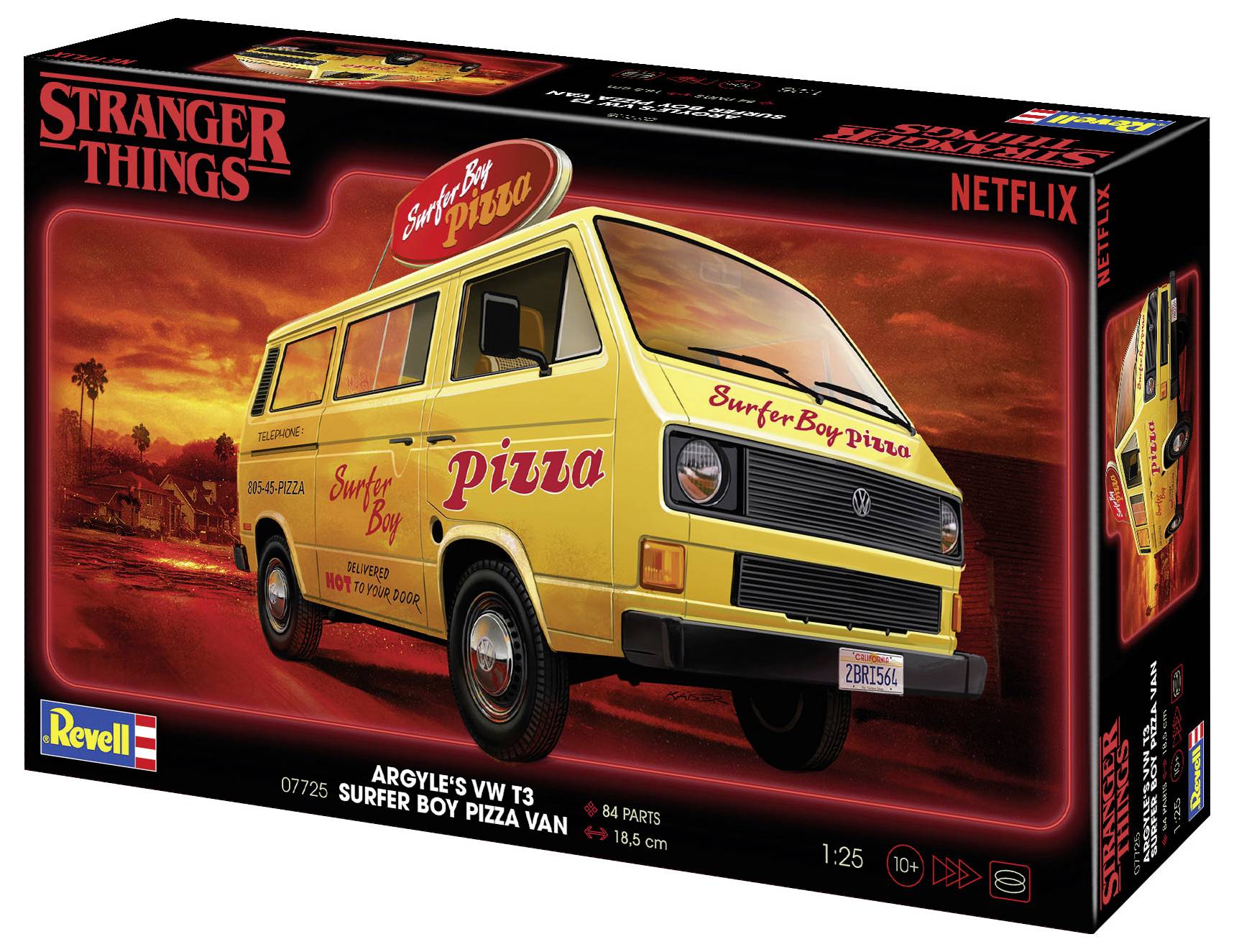 Schachtel mit Modellbausatz eines gelben Surfer Boy Pizza Lieferwagens. Basierend auf der Serie 'Stranger Things'. Enthält 84 Teile.
