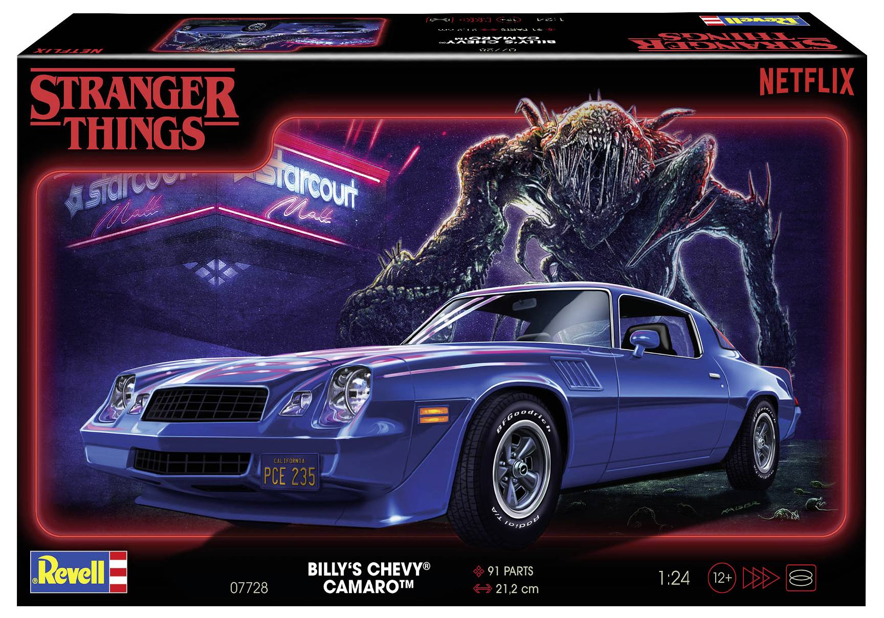 Die Verpackung zeigt ein Modellauto von Billys Chevy Camaro vor einem Einkaufszentrum mit einem bedrohlichen Monster im Hintergrund.