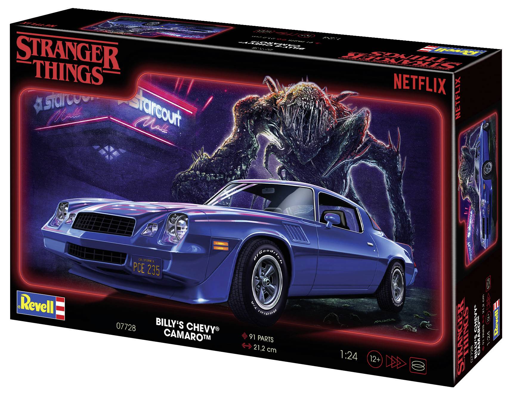 Bausatz-Verpackung zeigt 'Billy's Chevy Camaro' von Stranger Things. Hintergrund: Detail des Starcourt Malls mit einer Kreatur.