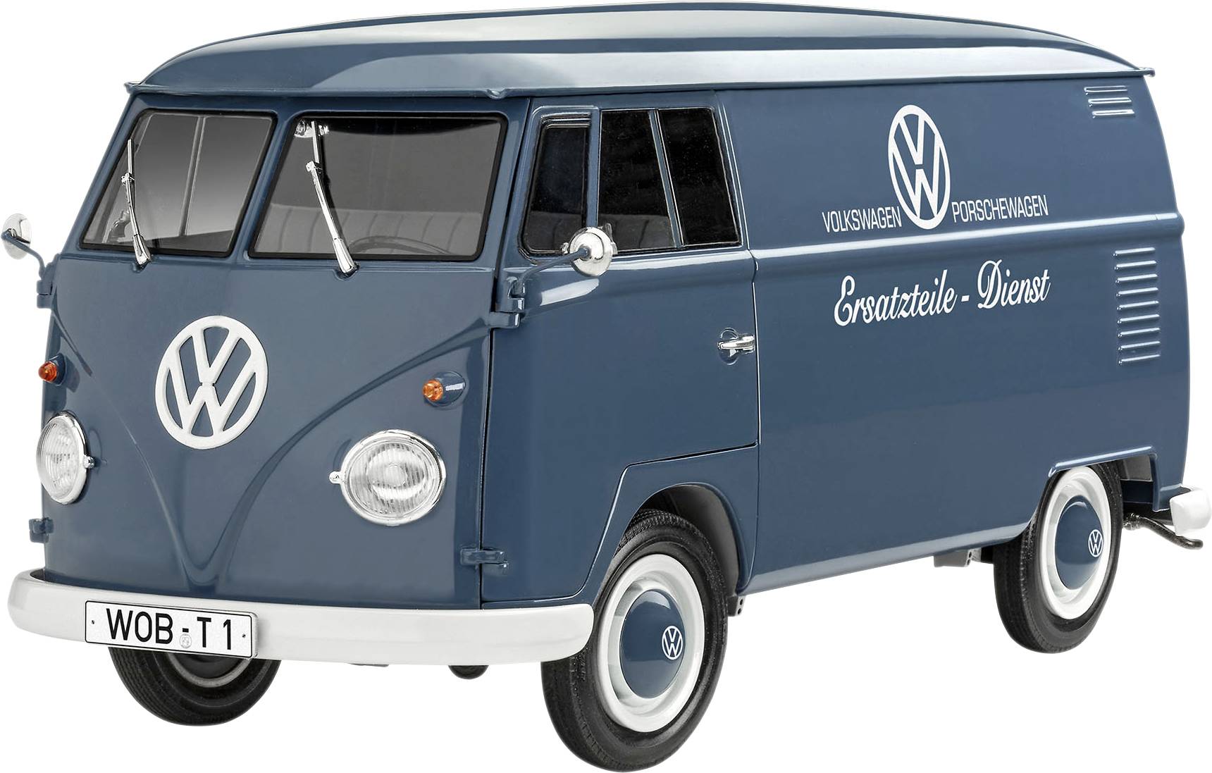 Blauer Volkswagen Transporter mit der Aufschrift 'Ersatzteile-Dienst' auf der Seite, steht auf weißem Hintergrund.