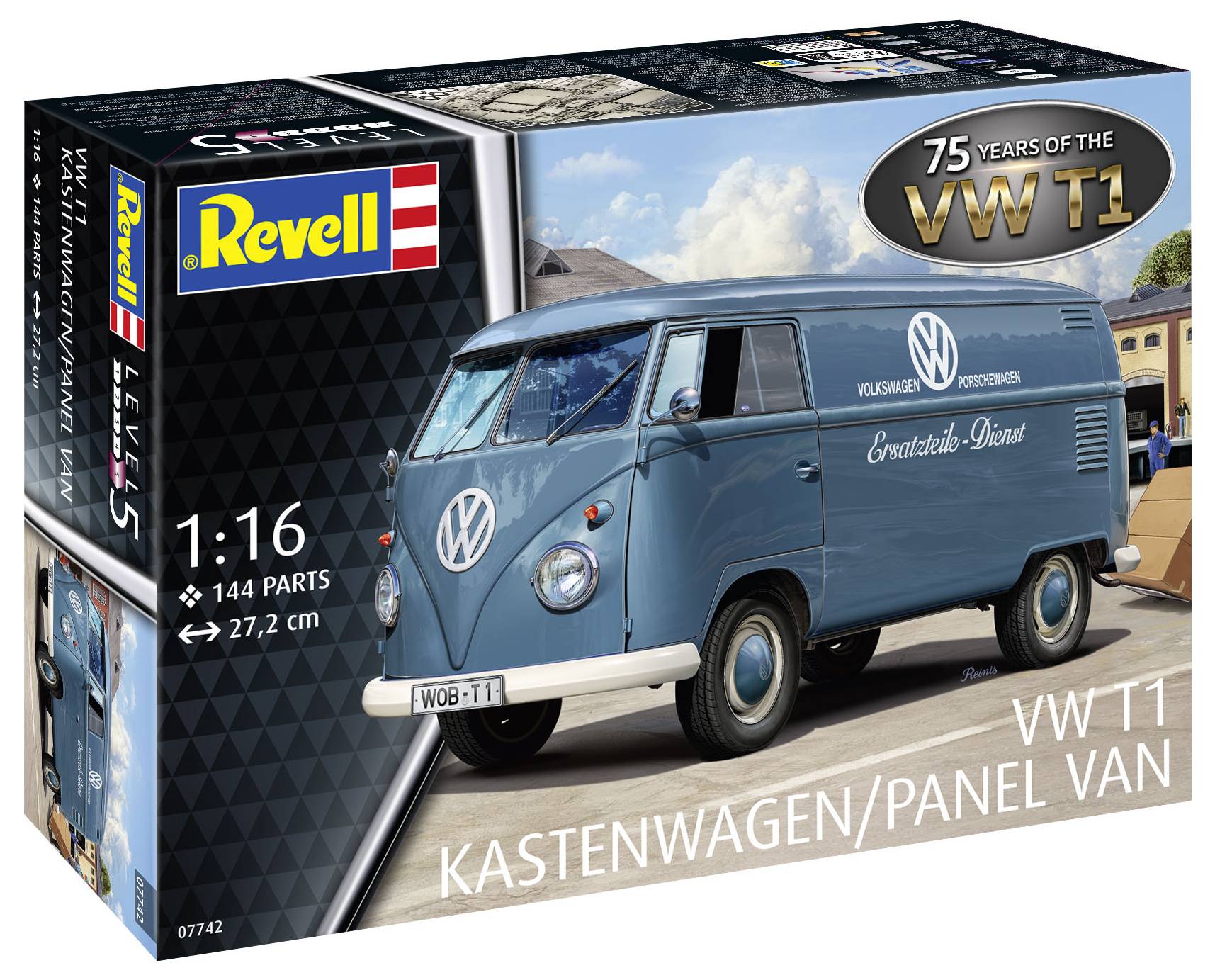 'Revell Modellbausatz: VW T1 Kastenwagen im Maßstab 1:16, 144 Teile. Blaue Lackierung mit 