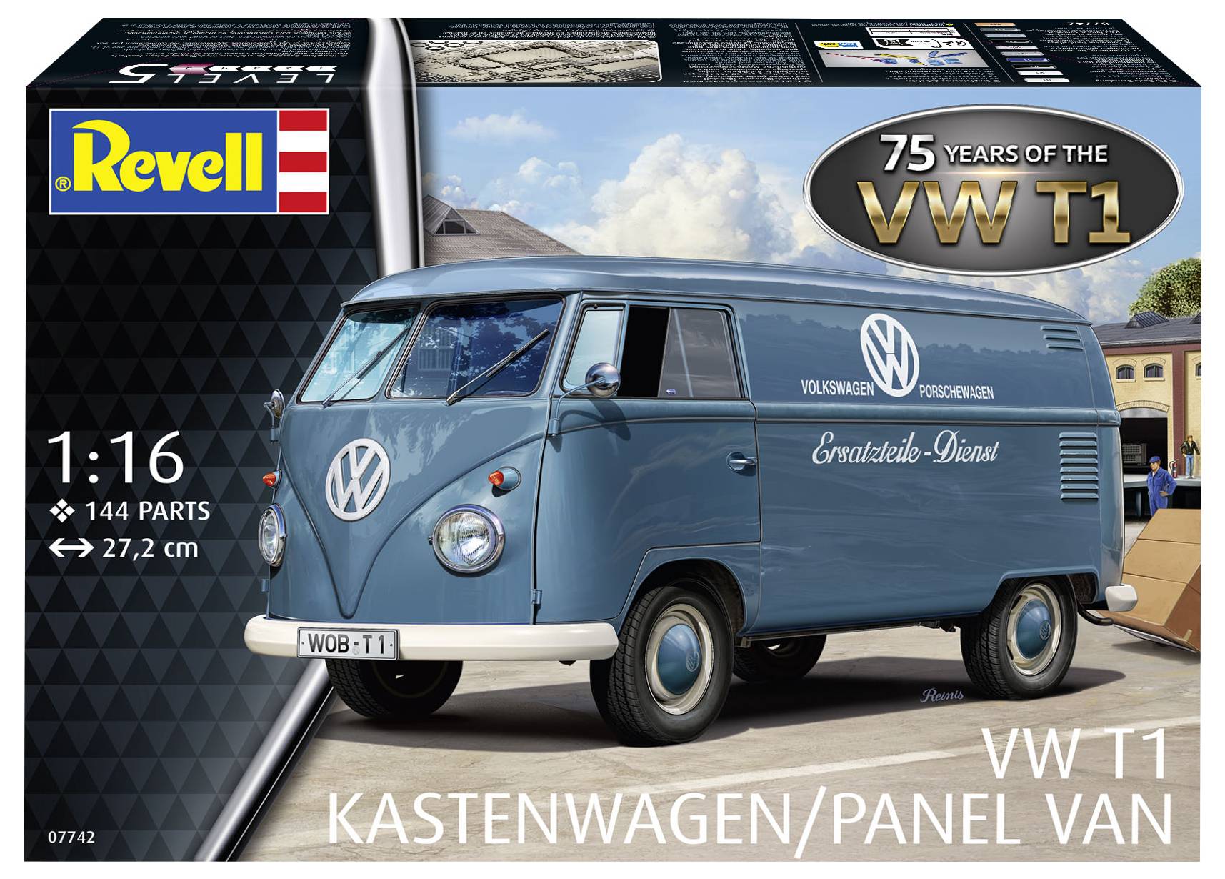 Verpackung eines Modellbausatzes im Maßstab 1:16 eines VW T1. Aufdruck '75 Years of the VW T1', blaues Fahrzeug, 144 Teile.