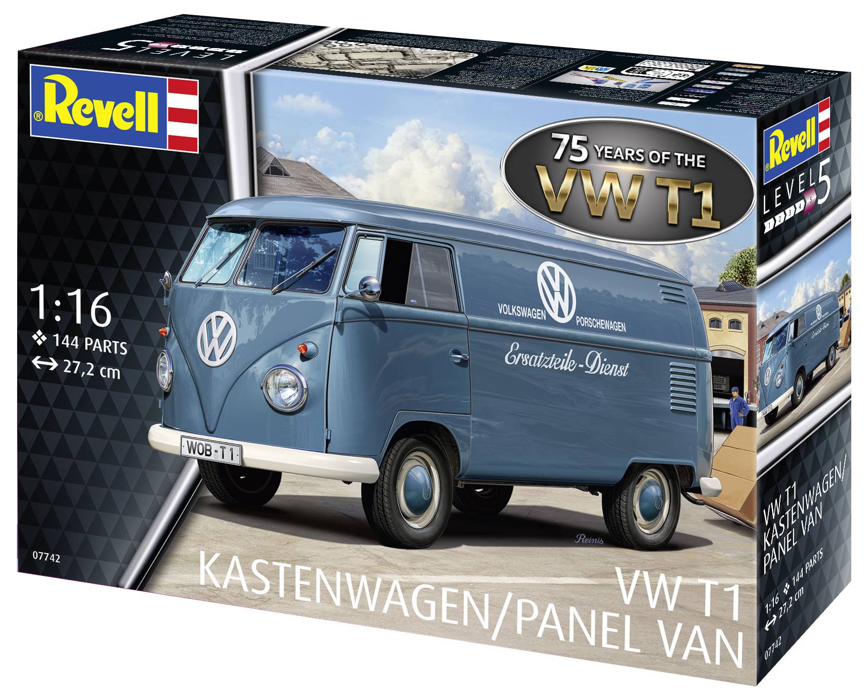 Modellbausatz eines VW T1 Kastenwagens im Maßstab 1:16 von Revell. Verpackung zeigt das fertige Modell und den Hinweis '75 Years of the VW T1'. Enthält 144 Teile.