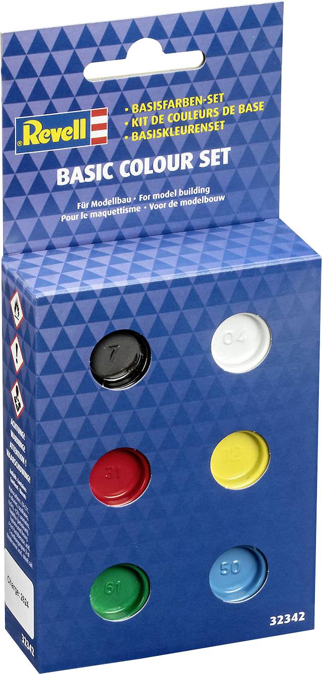 Verpackung von Revell Basic Colour Set mit sechs Farbtöpfen in Schwarz, Weiß, Rot, Gelb, Grün und Blau für Modellbau.