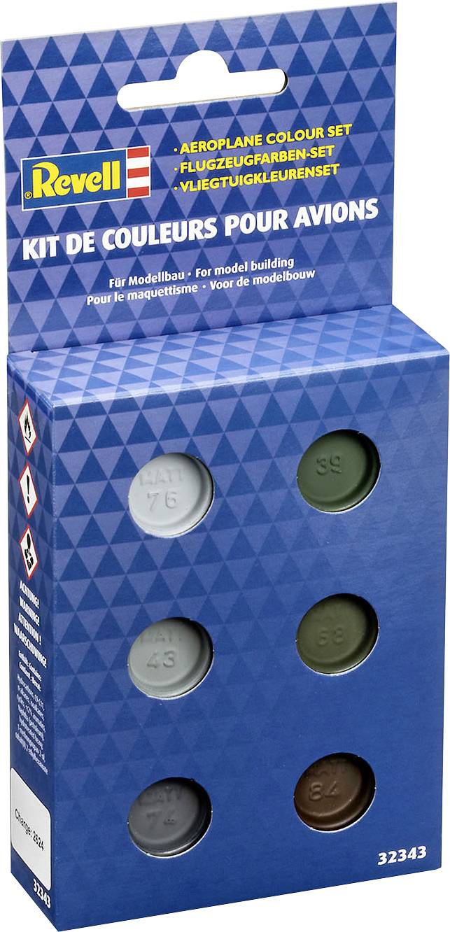Revell Modellbau-Farben-Set für Flugzeuge, 6 Farben: Grau, Grün, Blau, Braun. Verpackung mit Warnhinweisen.