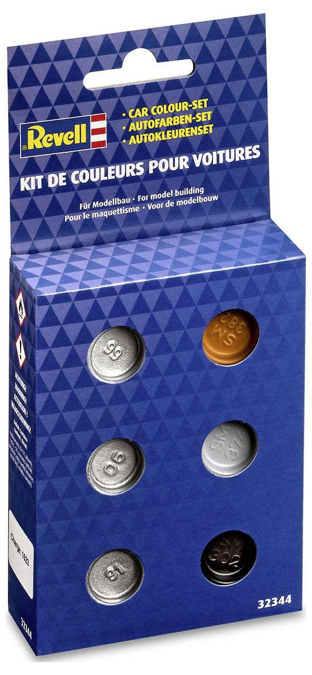 'Revell Auto-Farbset' Verpackung mit sechs Farbdosen, geeignet für Modellbau. Text: 'Kit de couleurs pour voitures', Produktnummer 32344.