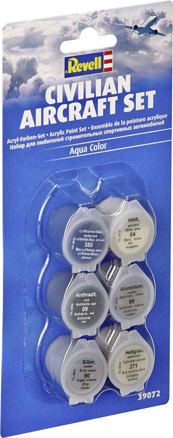 Eine Verpackung mit sechs Revell Acrylfarben für zivile Flugzeug-Modelle mit der Aufschrift 'Aqua Color' und Farbdetails.