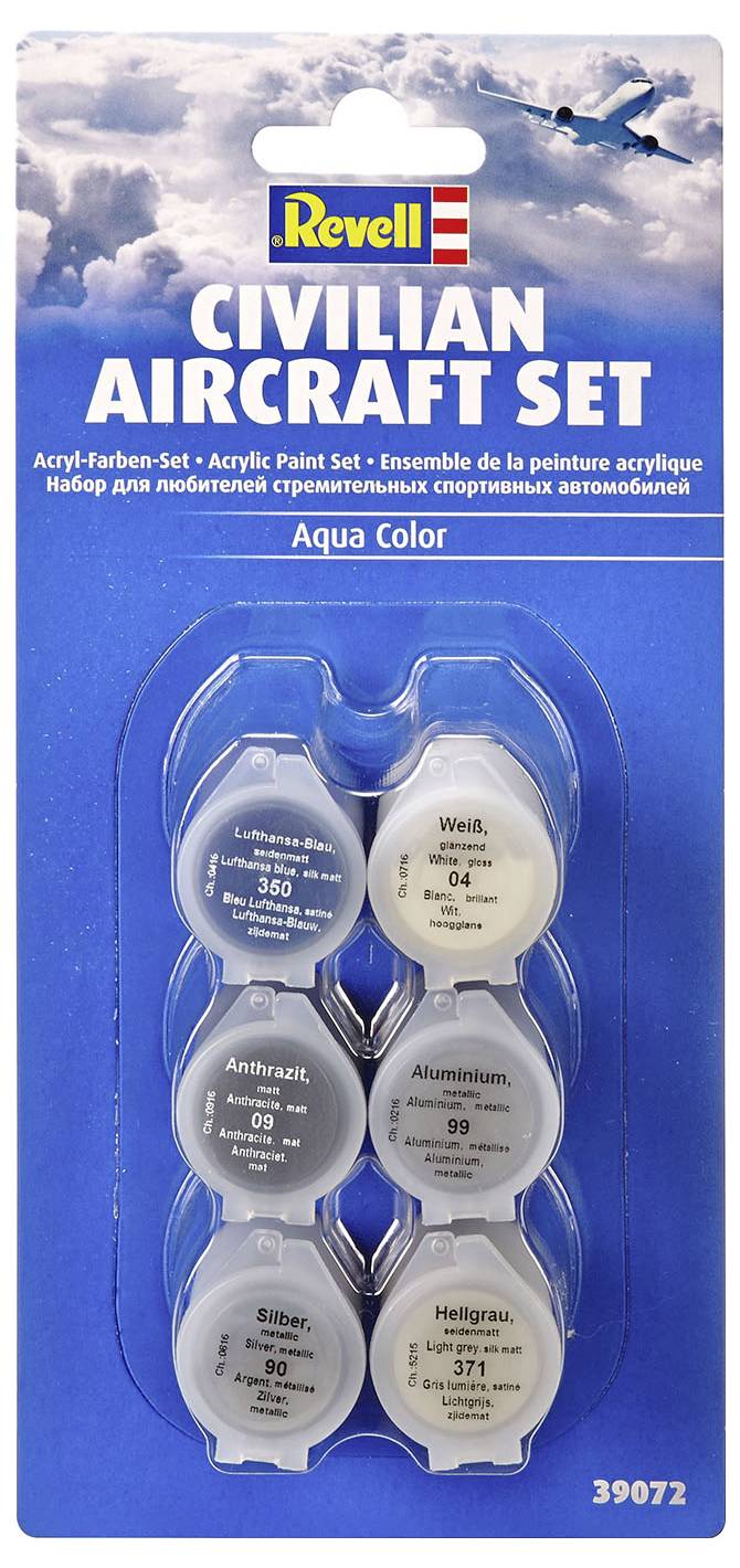 Verpackung eines Revell Acryl-Farbensets 'Civilian Aircraft Set' mit sechs Farbtöpfen in unterschiedlichen Grautönen für Modellflugzeuge.